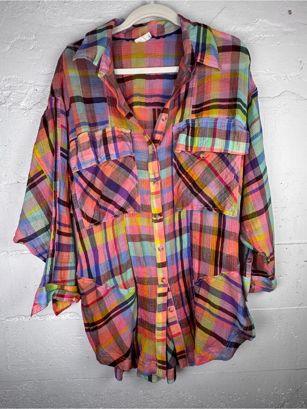 Pilcro Long-Sleeve Mixed Madras Plaid Oversized Buttondown Shirt Medium - Picture 2 of 12